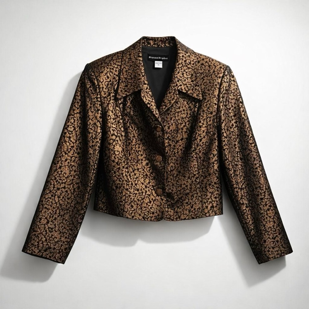 Vintage Gold Black Metallic Brocade Cropped Blazer Jacket Women 14 Bianca Nygard